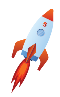 Launch-In-Five Illustration of a rocket ship with blue and white body, orange fins, and red flames coming out of the bottom. The rocket has a porthole window and the number 5 displayed on its body.