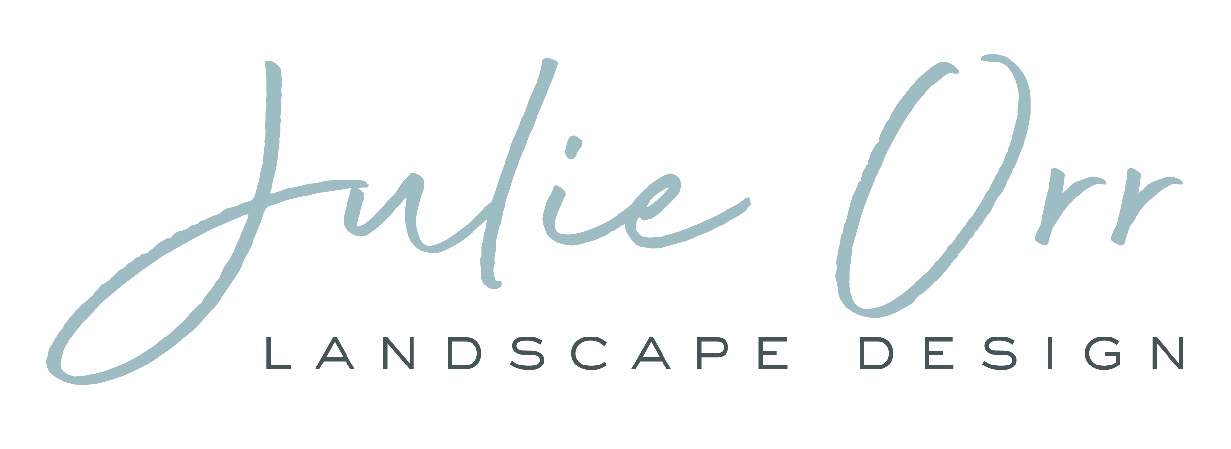 Final Julie Orr Design Logo – Large Julie Orr Landscape Design" logo in elegant, cursive pale blue text on a dark teal background, with "Landscape Design" written in smaller, uppercase black letters beneath.