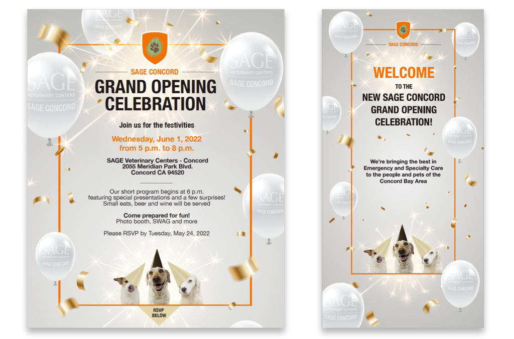 Two flyers for the SAGE Concord Grand Opening Celebration. The event is on Wednesday, June 1, 2022, from 5 p.m. to 8 p.m. at SAGE Veterinary Centers, Concord, CA. Flyers feature balloons, confetti, three smiling dogs, and event details like food, giveaways, and services.