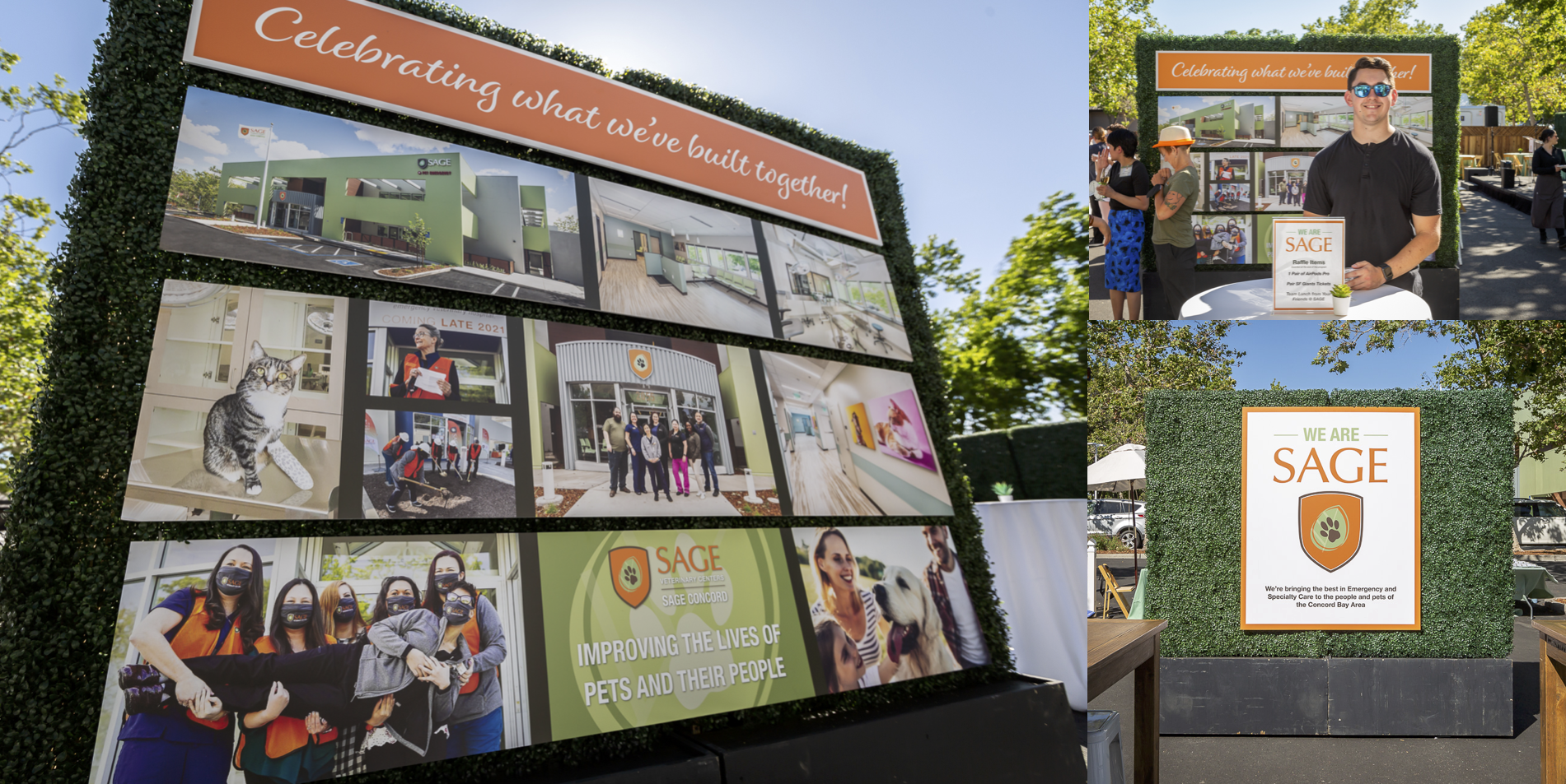Grand Opening A display board at an outdoor event showcases images and text celebrating a pet therapy organization called SAGE. The images include pets, people, and facility photos. The right side shows two people standing by the display and a sign with the SAGE logo.