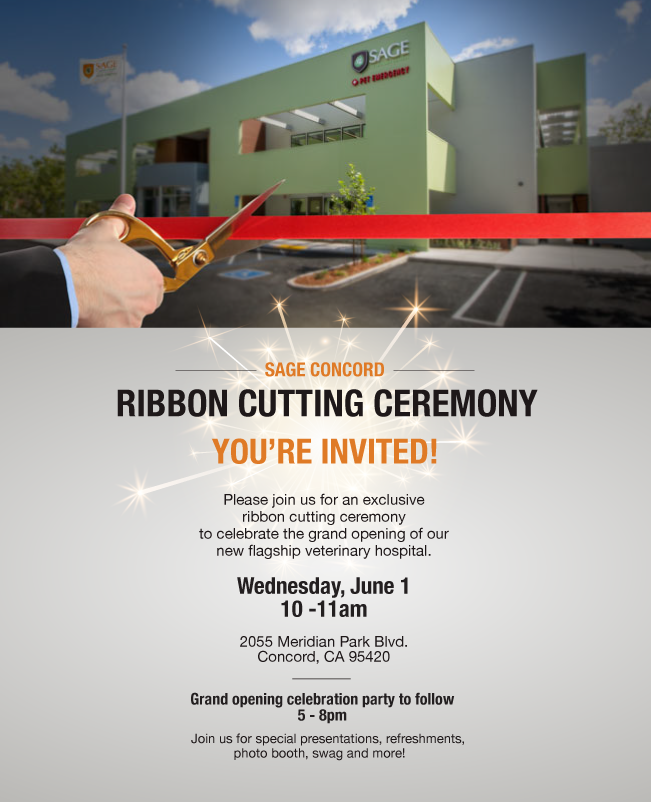 Ribbon Cutting Invite copy Invitation for SAGE Concord's ribbon-cutting ceremony. A person cuts a red ribbon with large scissors in front of the modern building. Event details: Wednesday, June 1, 10-11am at 2055 Meridian Park Blvd., Concord, CA, followed by a celebration from 5-8pm.