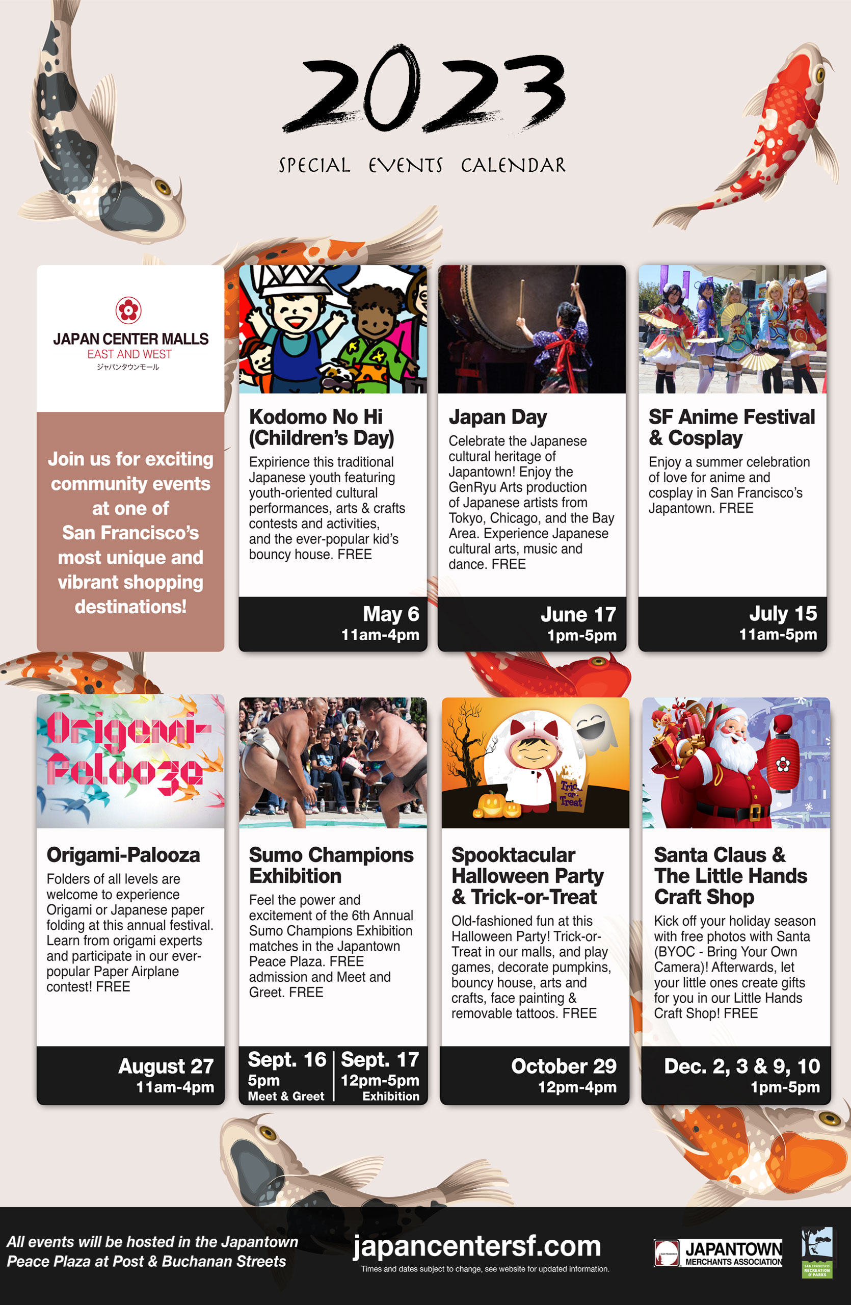 Calendar A promotional poster for Japan Center Malls' 2023 special events calendar. Events include Kodomo No Hi (Children's Day), Japan Day, SF Anime Festival & Cosplay, Origami-Palooza, Sumo Champions Exhibition, Spooktacular Halloween Party, and Santa Claus & the Little Hands.