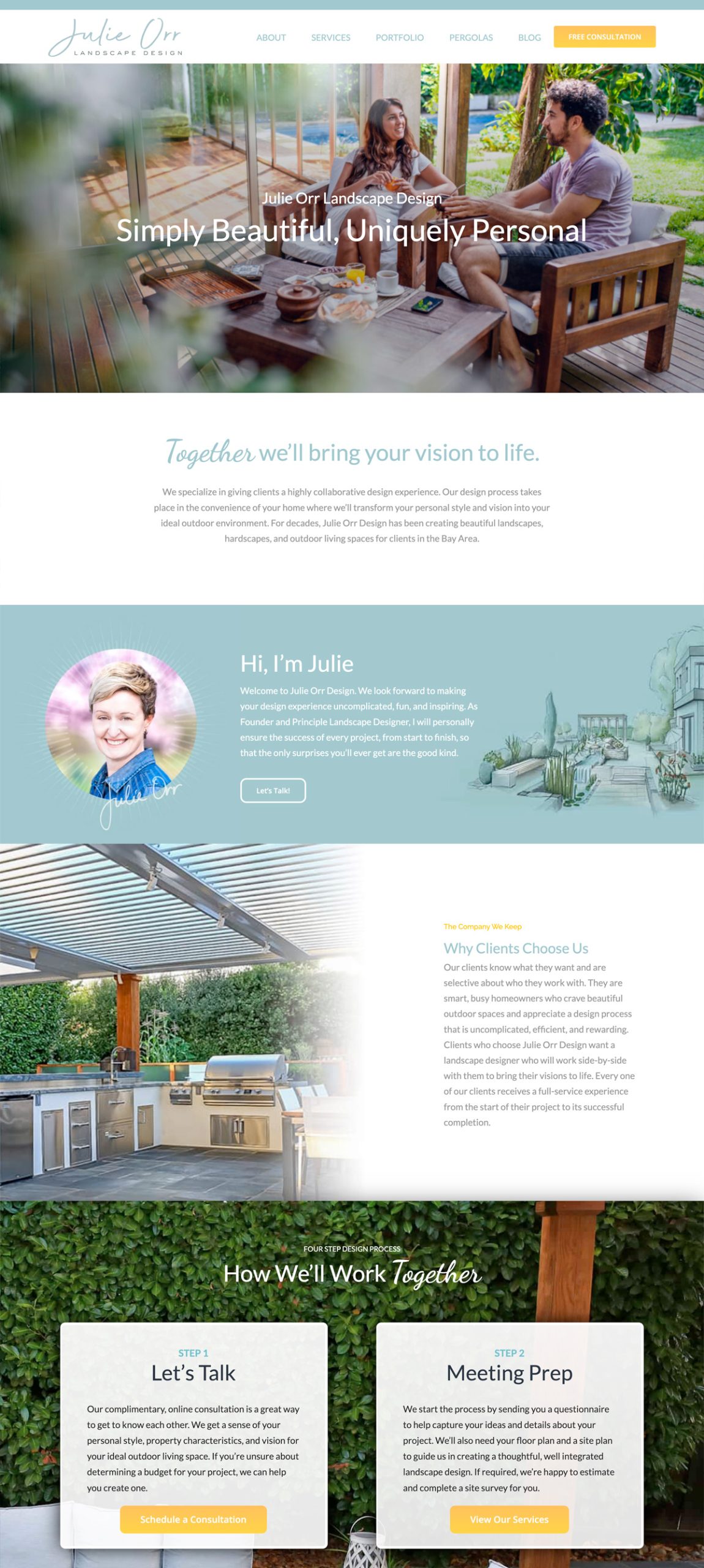 JulieOrrDesign-Website-Page-Stack2 Screenshot of the landing page of the Julie Orr Design website. The page features sections such as About, Services, Portfolio, Press, Blog, and Contact. It introduces Julie Orr and her design philosophy, client testimonials, and steps for the design process.