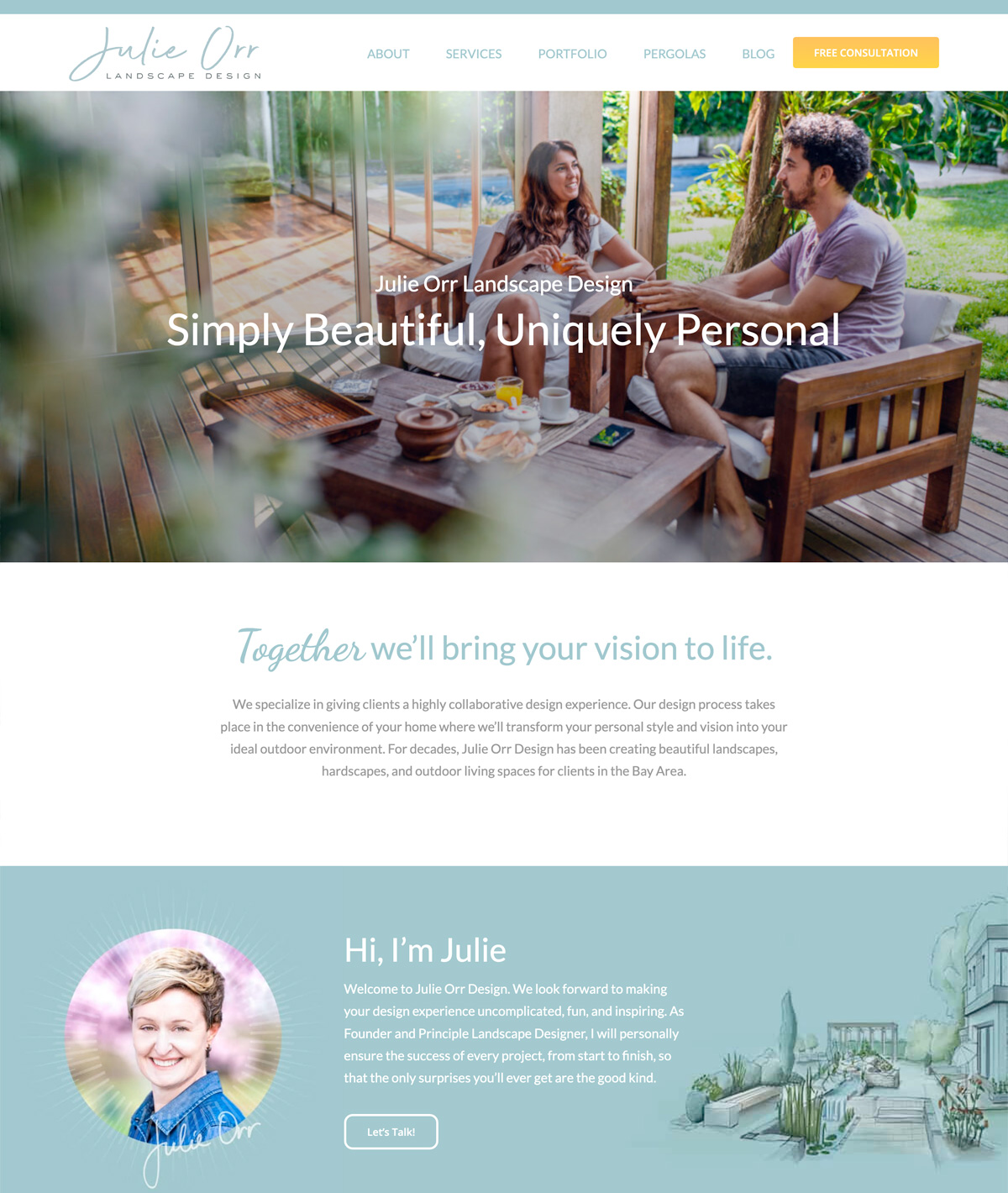 JulieOrrDesign-Website A landscape design website featuring an outdoor patio scene with a smiling man and woman sitting on wooden furniture. The site sections include About, Services, Portfolio, Pergolas, and Blog. Introduction text includes "Julie Orr Landscape Design" and a photo of Julie Orr.