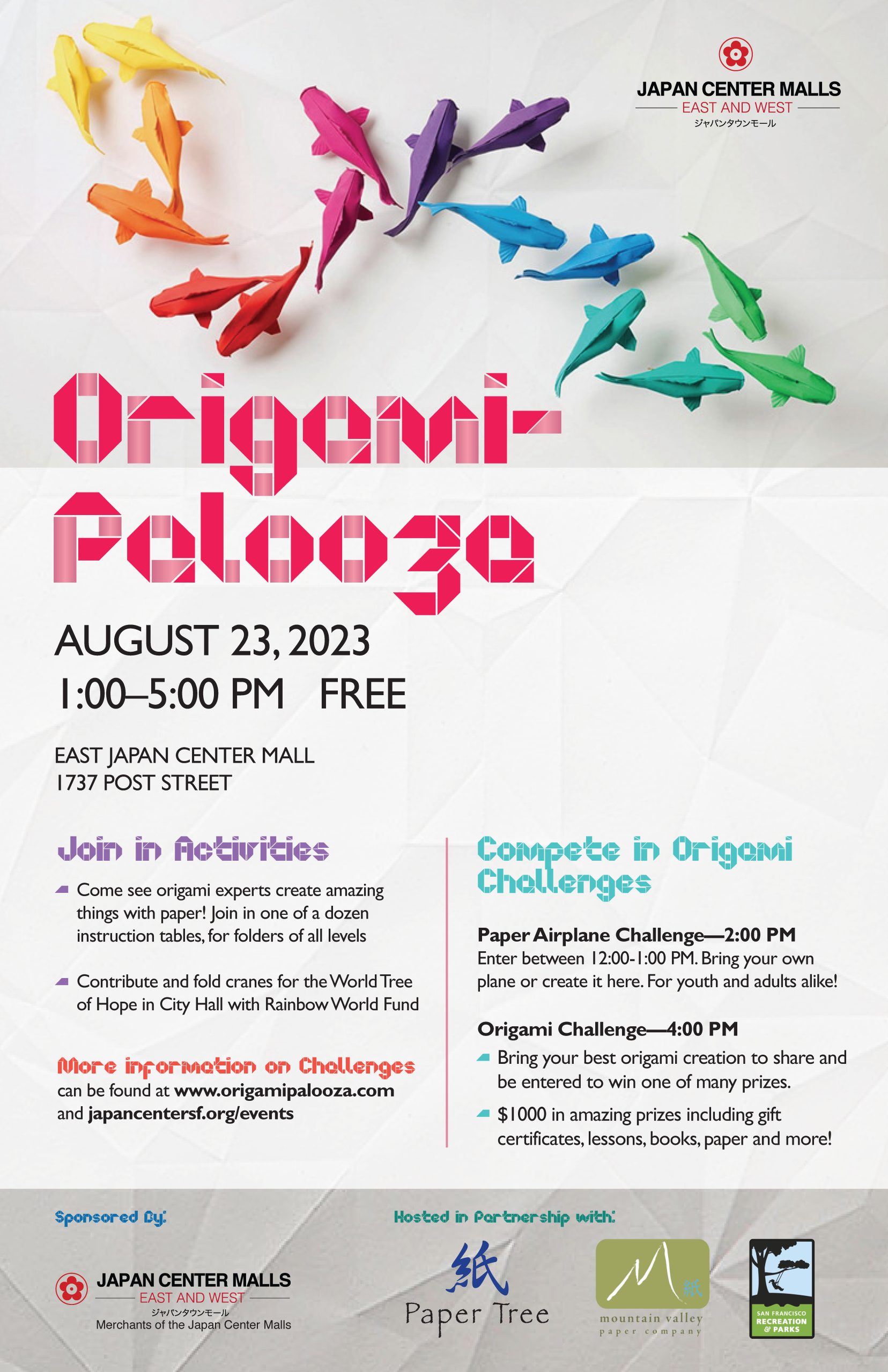 OrigamiPalooza Colorful flyer titled "Origami Palooza" featuring vibrant paper airplanes and text about origami events and challenges. The event is on August 23, 2023, from 1:00 to 5:00 PM at East Japan Center Mall with free admission. Contact and sponsor information included.