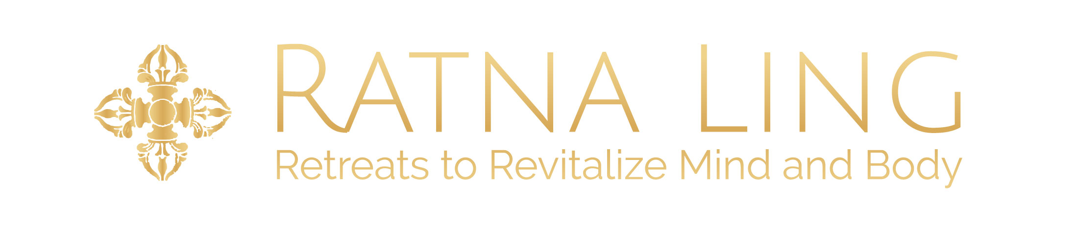 Ratna-Ling-Logo The image shows the logo for Ratna Ling, with the text "RATNA LING" in large gold letters and "Retreats to Revitalize Mind and Body" in smaller gold letters below. To the left of the text is a decorative gold emblem featuring intricate geometric patterns.