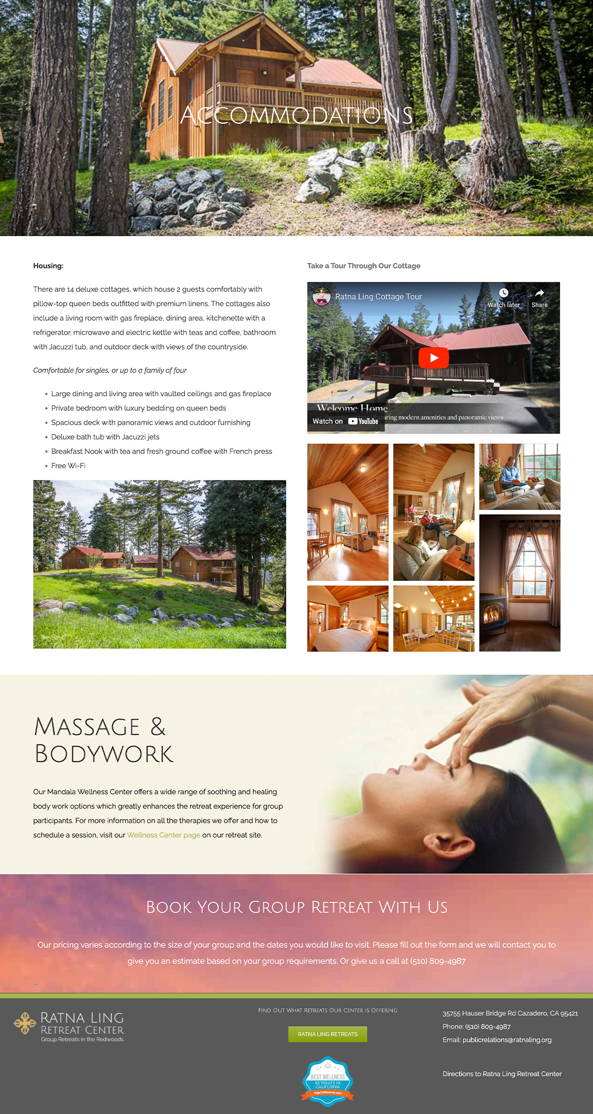 RatnaLing-BookingSite-Website-Page-Stack2 Poster for Ratna Ling Retreat Center accommodations, featuring images of cottages in a forest setting, a group in a living room, interior views of the cottages, and a massage session. Text highlights the cottage features and includes contact information.