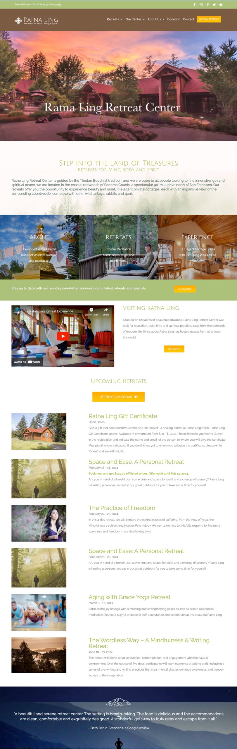 RatnaLing-Website-Page-Stack1 Screenshot of the Ratna Ling Retreat Center website, featuring a serene landscape, a building, and a menu with options like “Retreats,” “The Center,” and “About Us.” The page details the retreats offered with accompanying images, descriptions, and dates.