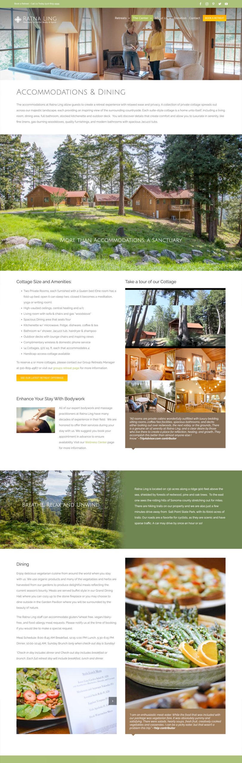 RatnaLing-Website-Page-Stack2 A webpage displays accommodations and dining for BodyHolidays. It features serene forest cottages with large windows and cozy interiors, various amenities, and dining options including fresh salads. Images show the tranquil forest, well-furnished interiors, and appetizing food.