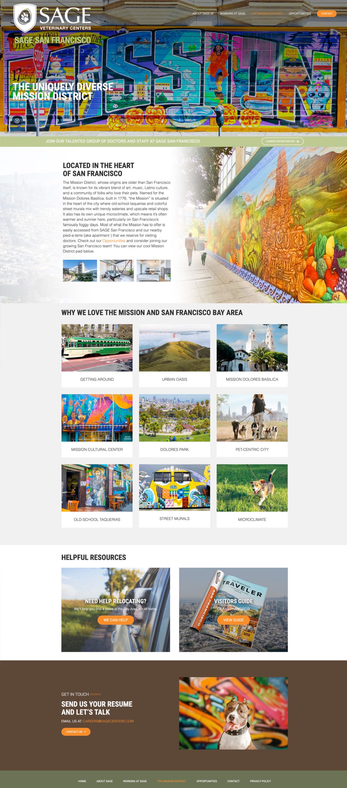 SAGESF-Website-Page-Stack1 Screenshot of a webpage for a leasing agent in San Francisco. It features a colorful mural titled "Mission," sections describing the company, reasons to love San Francisco, with images of notable landmarks, resources, and a contact form at the bottom.