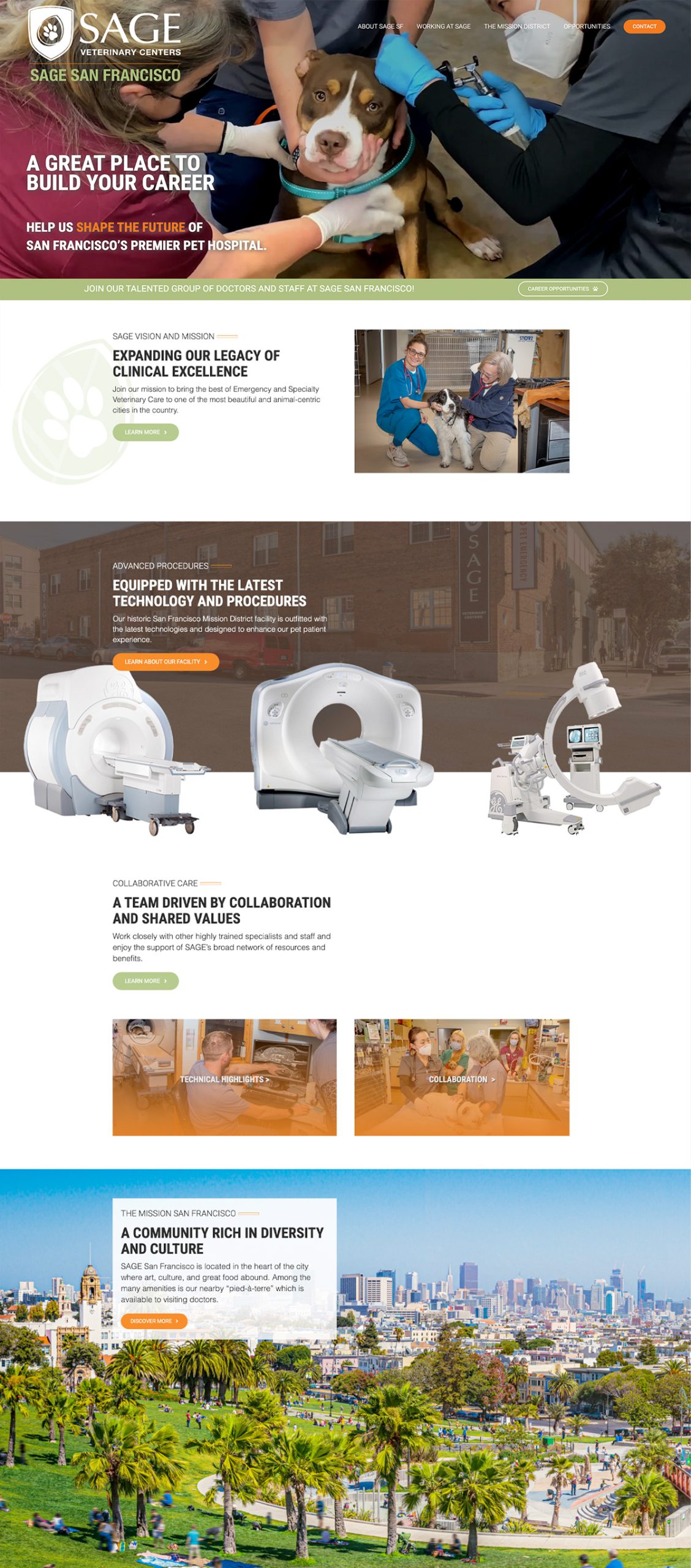 SAGESF-Website-Page-Stack2 A medical career advertisement for Sage San Francisco Pet Hospital. Various images depict veterinarians tending to pets, advanced medical equipment, and the hospital staff. The bottom of the page showcases a colorful cityscape, emphasizing a diverse and exciting community.