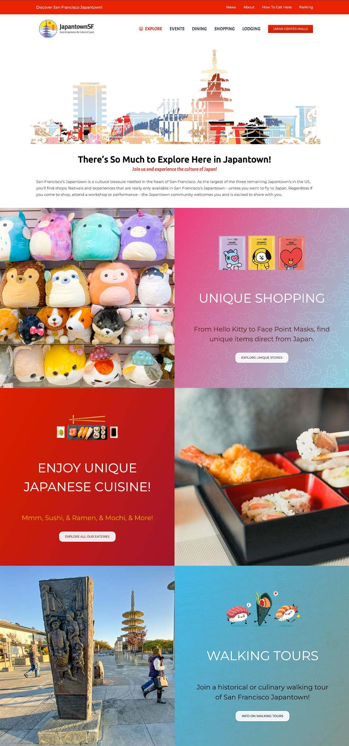 SFJapantown-Website-Page-Stack Screenshot of a website for Japantown in San Francisco. Top features plush toys under headline, "There's So Much to Explore Here in Japantown!" followed by sections on "Unique Shopping," "Enjoy Unique Japanese Cuisine!," and "Walking Tours," each with relevant images.