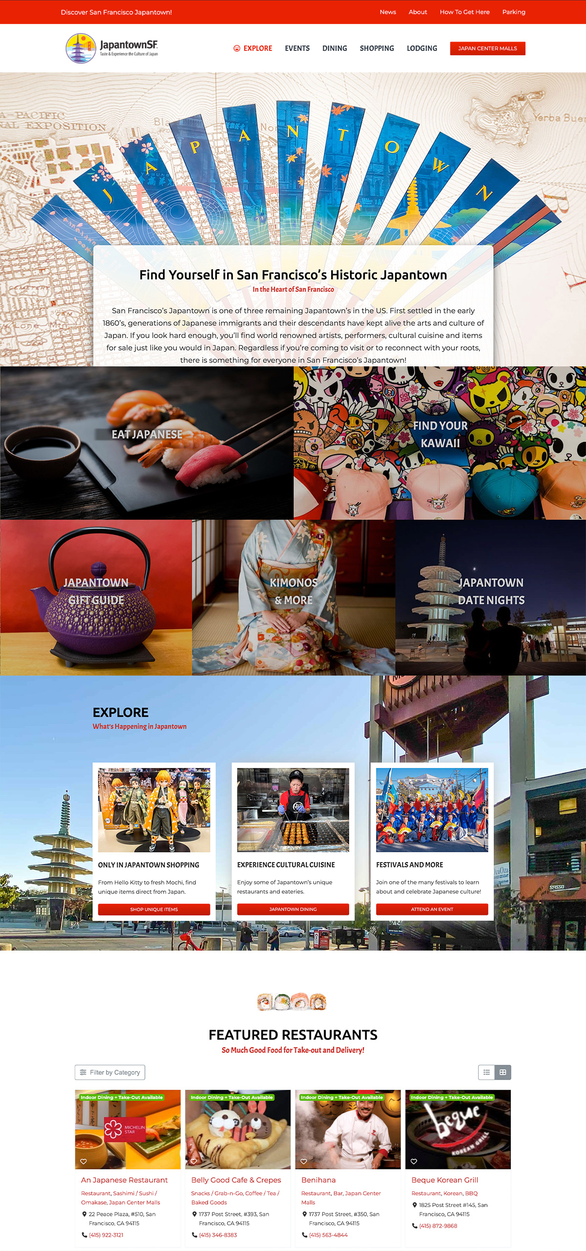 SFJapantown-Website-Page-Stack2 A colorful webpage promoting Japantown in San Francisco. It highlights various attractions, events, dining options, and shopping opportunities. The page features vibrant images of cultural activities, food, and the Japantown tower, with sections on featured restaurants and events.
