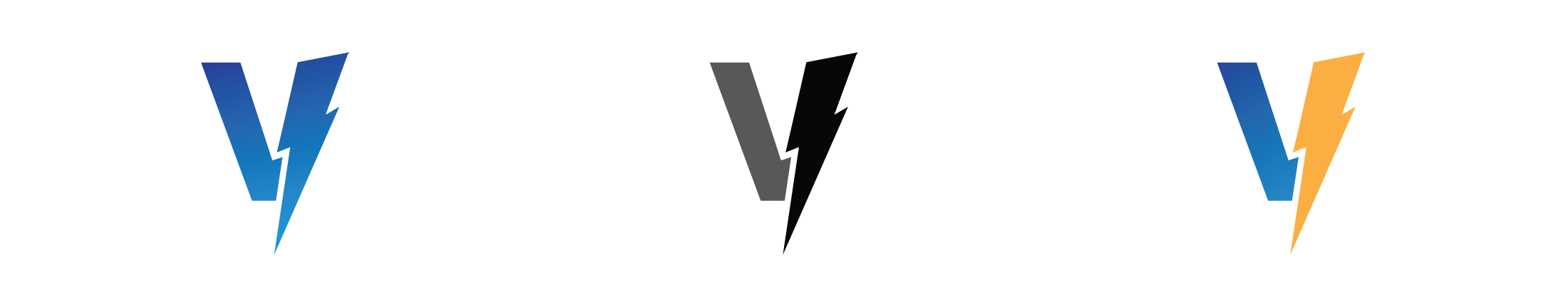 Three stylized letter "V" logos with lightning bolt designs. The first "V" is blue with a blue lightning bolt, the second is black with a gray lightning bolt, and the third is blue on the left and yellow on the right with an orange lightning bolt in between.