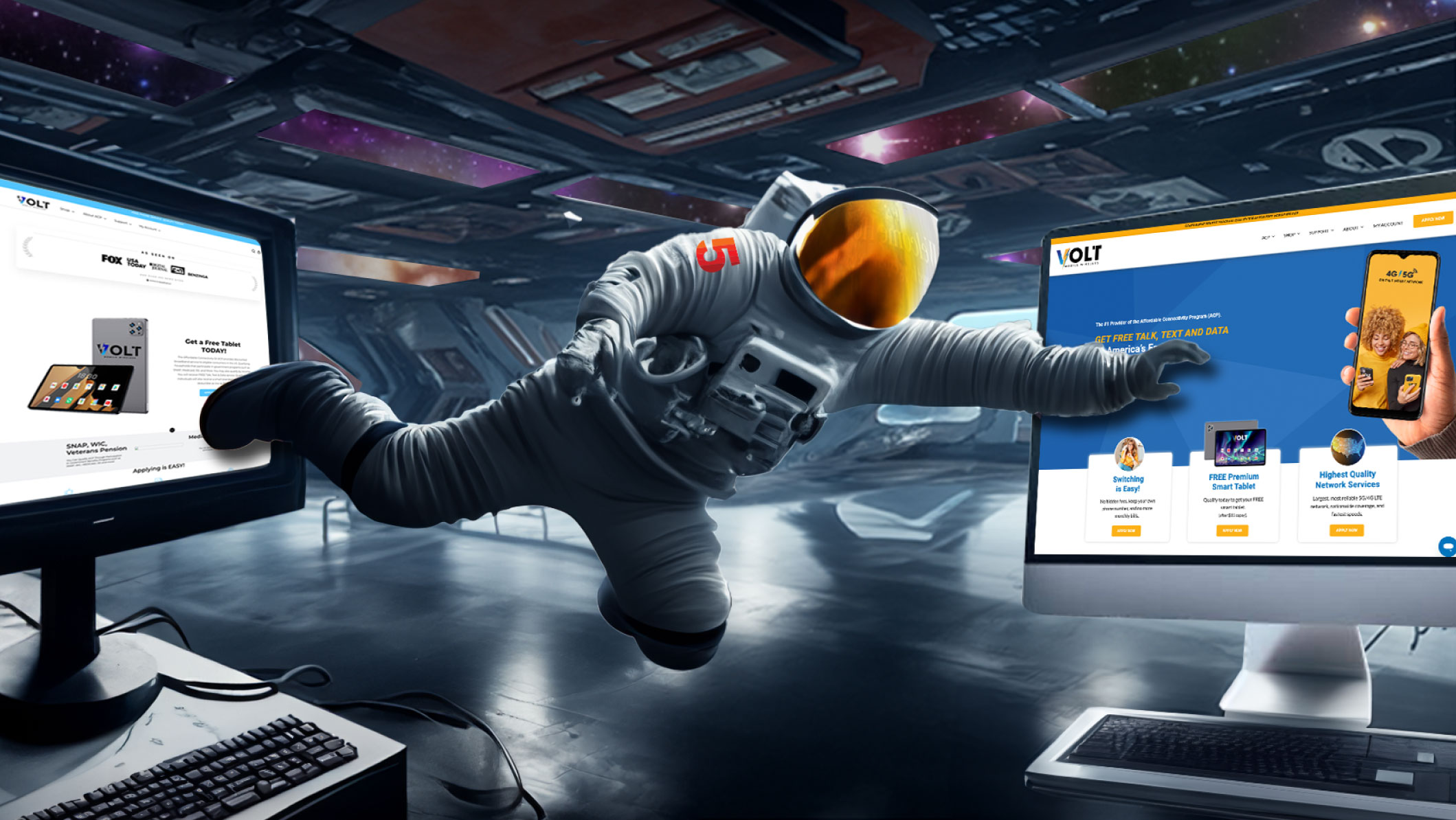 An astronaut floats in a space station, holding onto two computer screens. The screen on the left displays an outdated webpage for Volt services. The screen on the right shows the new design of the Volt website.