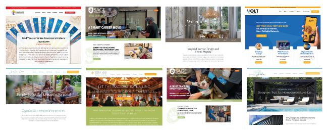 A collage of eight website homepages, each with distinct designs and color schemes. Various themes are shown including historic preservation, career growth, interior design, volunteer services, wedding planning, and luxury outdoor living spaces.
