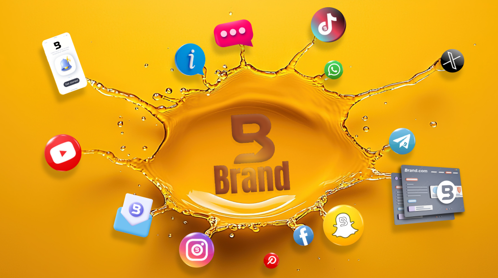 Crafting a Consistent Brand Voice@2x A vibrant orange splash surrounds the bold, black "Brand" logo in the center. Various social media icons, including YouTube, Instagram, Snapchat, TikTok, and more, orbit around the splash, highlighting the brand's widespread digital presence.